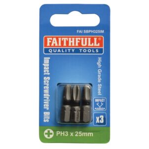 Phillips Impact Screwdriver Bits PH3 x 25mm (Pack 3)