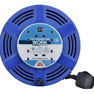 Cassette Cable Reel 240V 10A 4-Socket Thermal Cut-Out Blue 15m